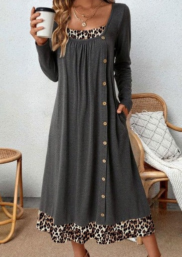 Women's grey leopard print A-line midi dress, versatile for casual fashion or elegant evening wear.