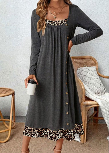 Chic grey leopard print A-line midi dress for women, ideal for comfortable spring, fall, and evening wear.