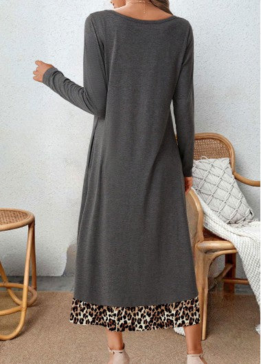 Stylish women's grey leopard print midi dress with A-line cut, a comfortable and elegant patterned design.