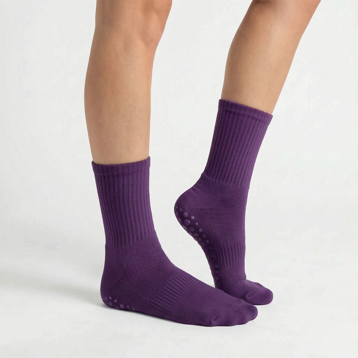 Non-slip women's grippy crew socks in lilac, ideal for athletic studio workouts & yoga.