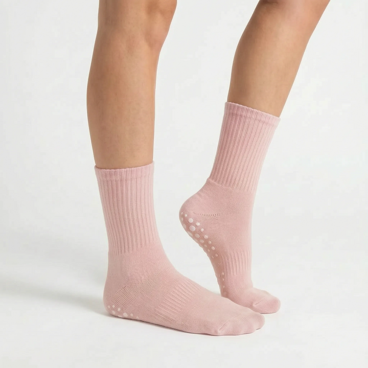 Lilac women's athletic crew socks with grip, essential for yoga, Pilates & activewear.