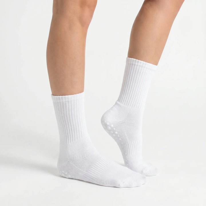 Stylish lilac women's grip socks, ideal activewear crew socks for yoga, Pilates, and studio.