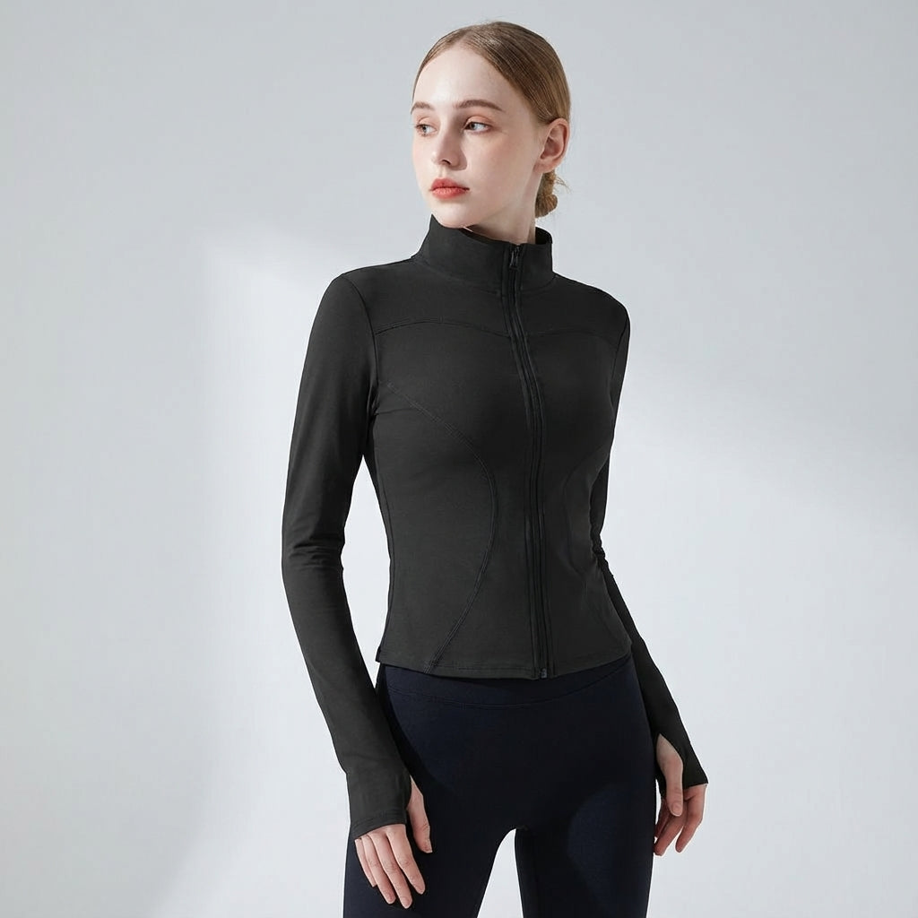 Side view of women's Hailey training jacket, highlighting sleek design and athletic fit