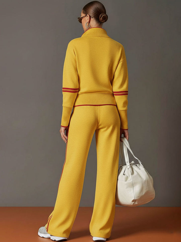Side profile of a woman in the elegant half-zip sweatshirt and comfortable wide-leg co-ord set.