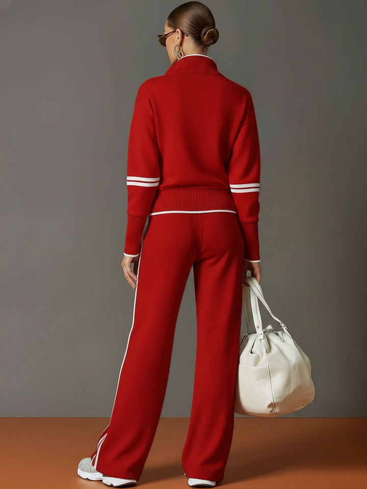 Back view of the women's half-zip sweatshirt and wide-leg trouser set, showcasing its relaxed silhouette.