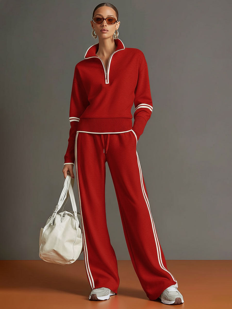 Premium women's casual fashion: half-zip sweatshirt and wide-leg trouser matching set for everyday style.