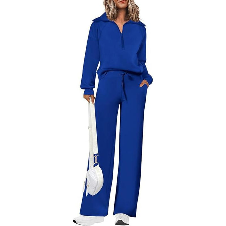 Women's half-zip wide-leg two-piece lounge set in comfortable viscose blend, perfect for casual modern style.