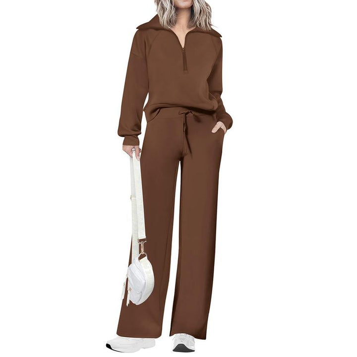 Coordinated women's half-zip top and wide-leg pant lounge set, a comfortable casual two-piece outfit.