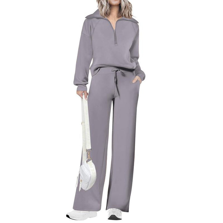 Soft viscose blend women's two-piece lounge set with half-zip top and wide-leg pants for ultimate comfort.
