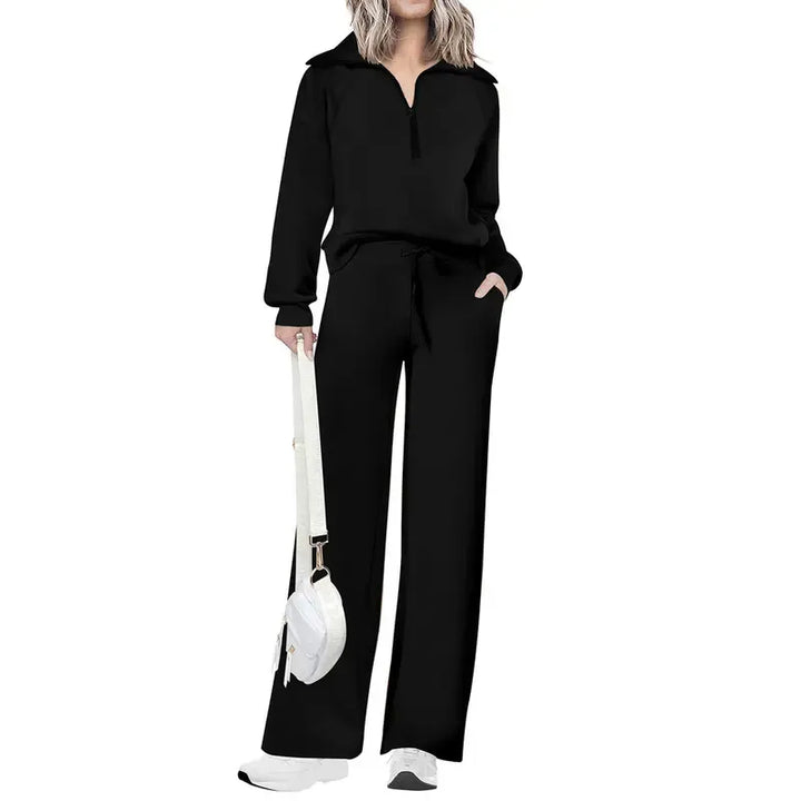 Modern women's half-zip two-piece lounge set, a stylish and comfortable wide-leg casual coordinated outfit.