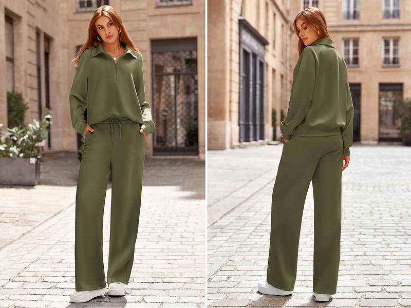 Comfortable women's two-piece lounge set featuring a half-zip top and wide-leg pants for relaxation.