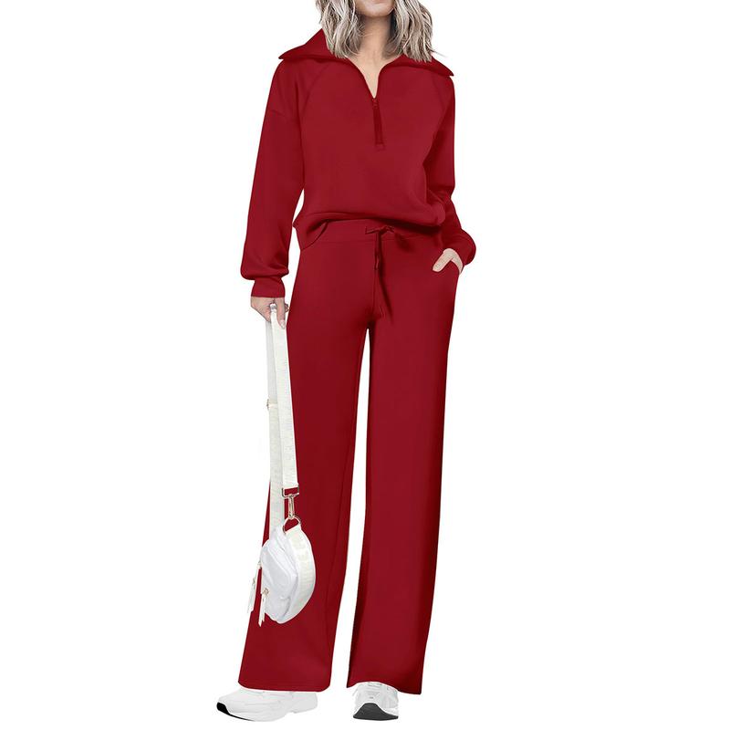Viscose blend women's casual half-zip two-piece lounge set, offering modern style and all-day comfort.