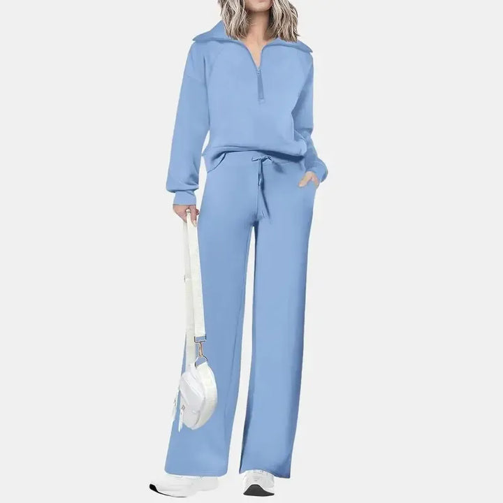 Stylish women's half-zip lounge two-piece set with wide-leg pants, perfect for cozy comfort and casual wear.