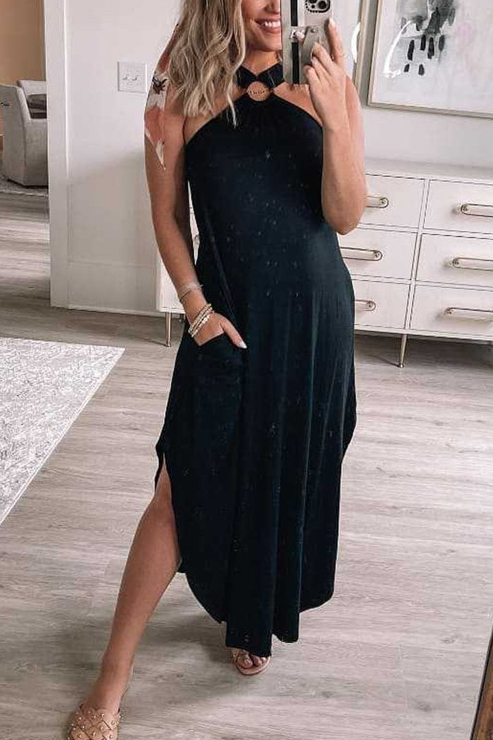 Effortless women's summer halter maxi dress. Breezy, sleeveless, with pockets. Casual elegance for beach vacation.