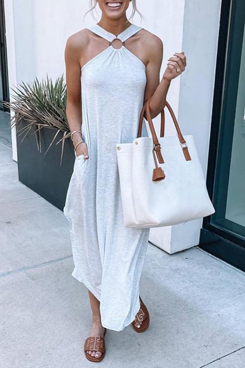 Women's Sleeveless Halter Maxi Dress. Casual elegance, breezy fabric. Ideal for summer, beach, or vacation.