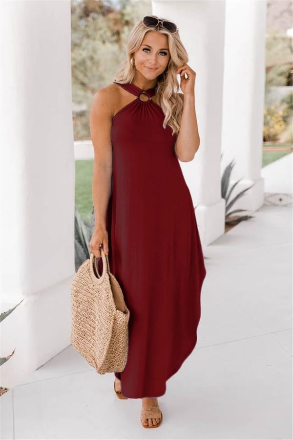 Flowy Halter Breeze Maxi Dress for women. Comfortable, with pockets. Perfect summer fashion & resort wear.