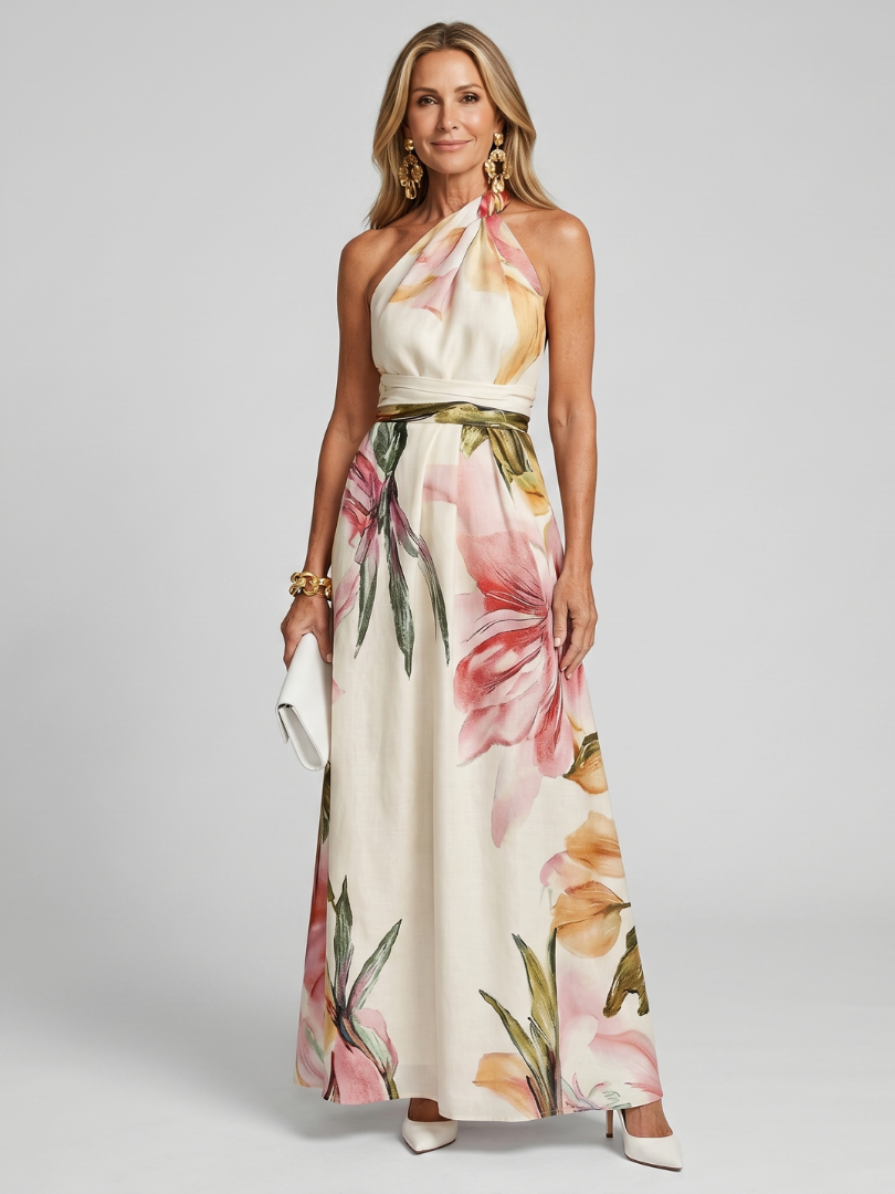 Women's halter maxi dress with a flowing skirt. Perfect summer dress for warm weather elegance.