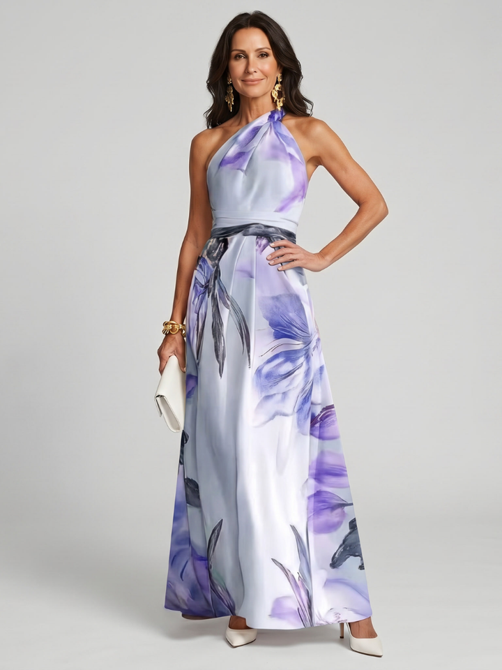 Halter neck maxi dress for women, showcasing a graceful flowing skirt, perfect for summer events.
