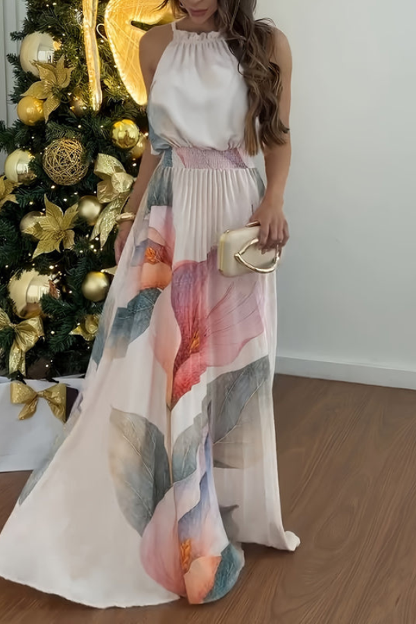 Women's halter neck keyhole maxi dress, perfect for a stylish beach vacation or resort wear.