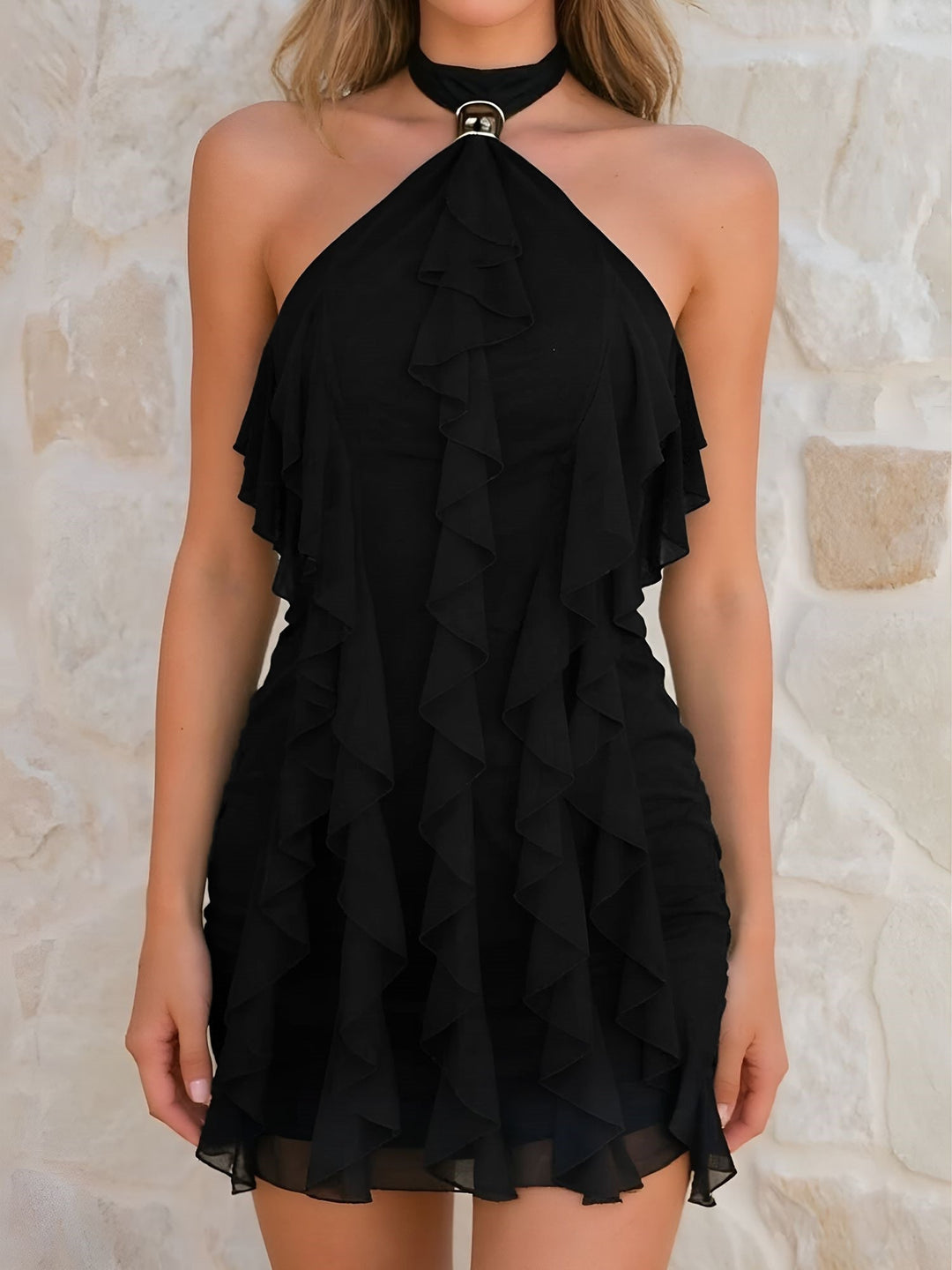 Women's casual chic mini dress: flattering bodycon fit, tiered ruffles, and a comfortable halter neckline. Date night ready.