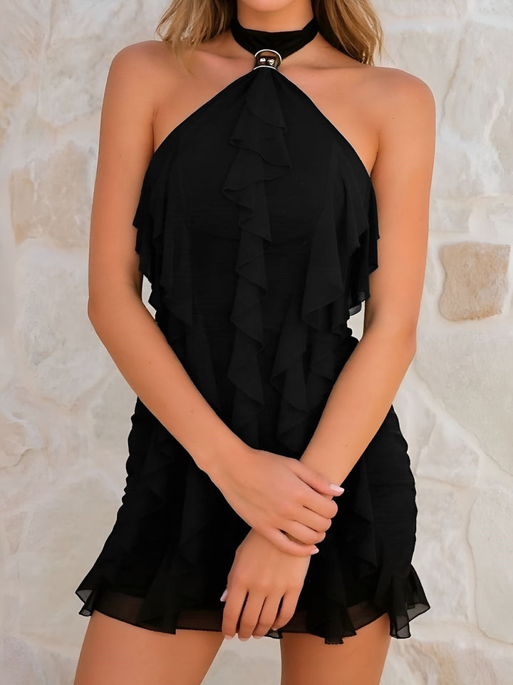 Vibrant women's halter neck bodycon mini dress with layered tiered ruffles. A perfect elegant party dress for summer.