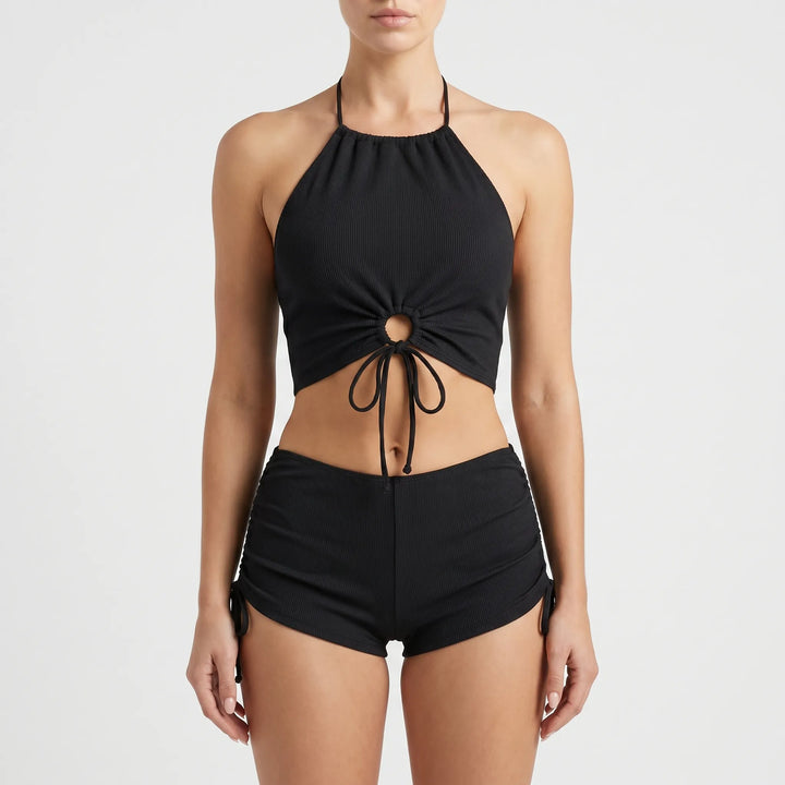 Stylish brown textured halter tankini top and matching boyshorts, perfect womens swimwear for summer vacation.