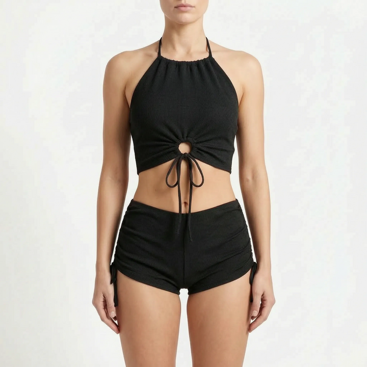 Brown textured women's halter tankini swimsuit set with adjustable top and boyshorts, perfect for beachwear.