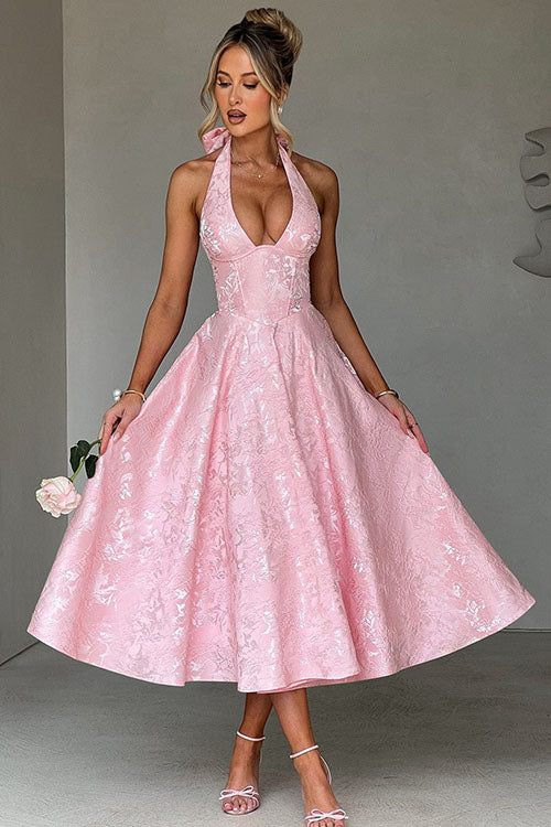Elegant women's formal halterneck maxi, an A-line gown ideal for prom nights.
