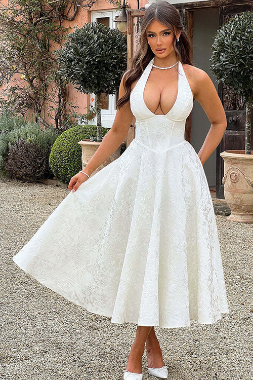 Stylish A-line halterneck maxi gown, perfect for formal parties & women's fashion.