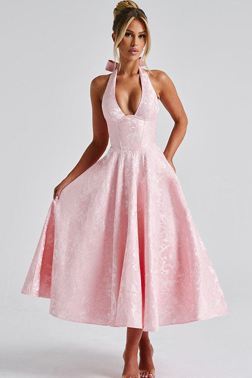Women's formal halterneck A-line dress, a beautiful maxi gown perfect for party wear.