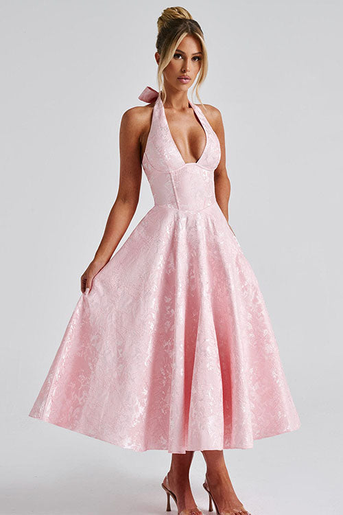 Women's elegant halterneck maxi dress, perfect for prom, homecoming & formal galas.