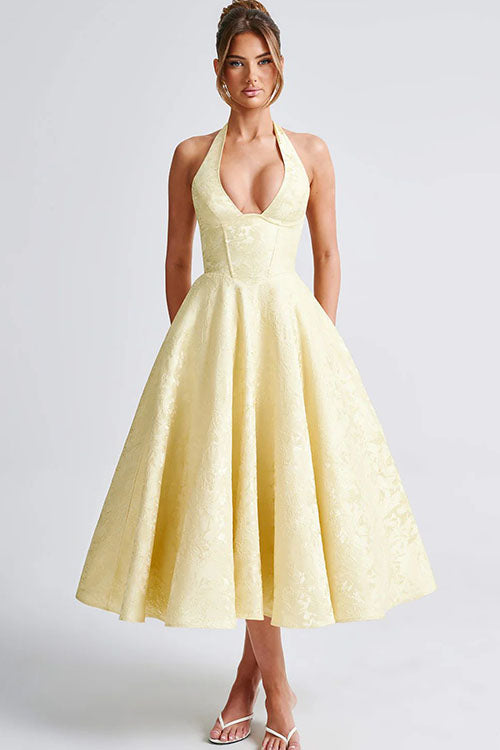 Sophisticated halterneck maxi gown, an A-line party dress for special occasions.