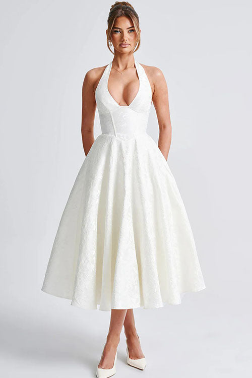 Elegant women's halterneck maxi, a sophisticated A-line gown for party & holiday.
