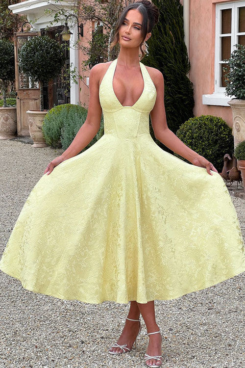 Chic halterneck maxi dress, a versatile elegant gown for formal events, parties & vacation.