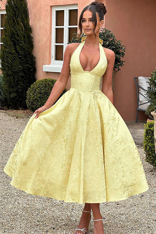 Chic women's halterneck maxi dress, a sophisticated A-line gown for special occasions.