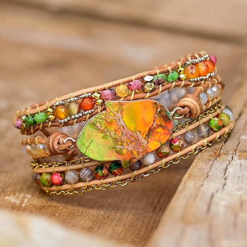 Women's Hamsa wrap bracelet with Amazonite stones, bohemian style.