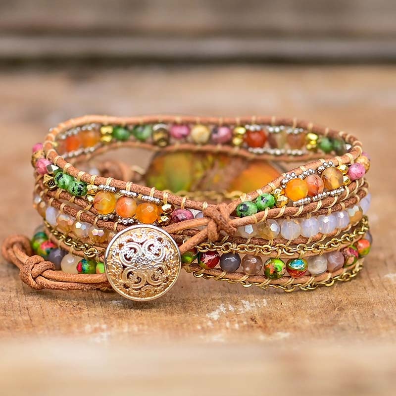 Hamsa hand charm wrap bracelet with natural Amazonite beads on leather.