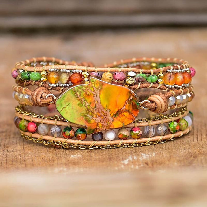 Spiritual women's wrap bracelet featuring Hamsa and Amazonite gemstones.