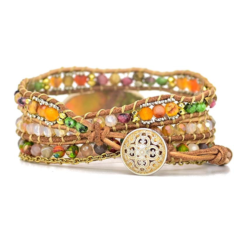 Bohemian Hamsa wrap bracelet, natural Amazonite stones, and leather detail.