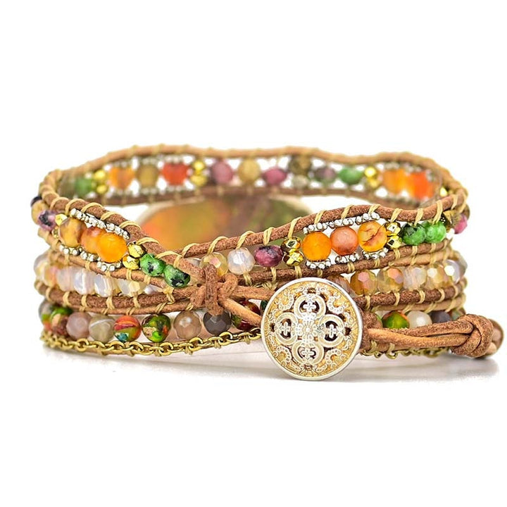 Bohemian Hamsa wrap bracelet, natural Amazonite stones, and leather detail.