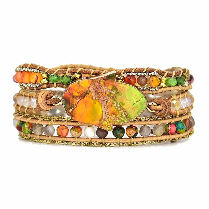 Zahara Hamsa wrap bracelet with Amazonite, agate, jade, and crystal accents.