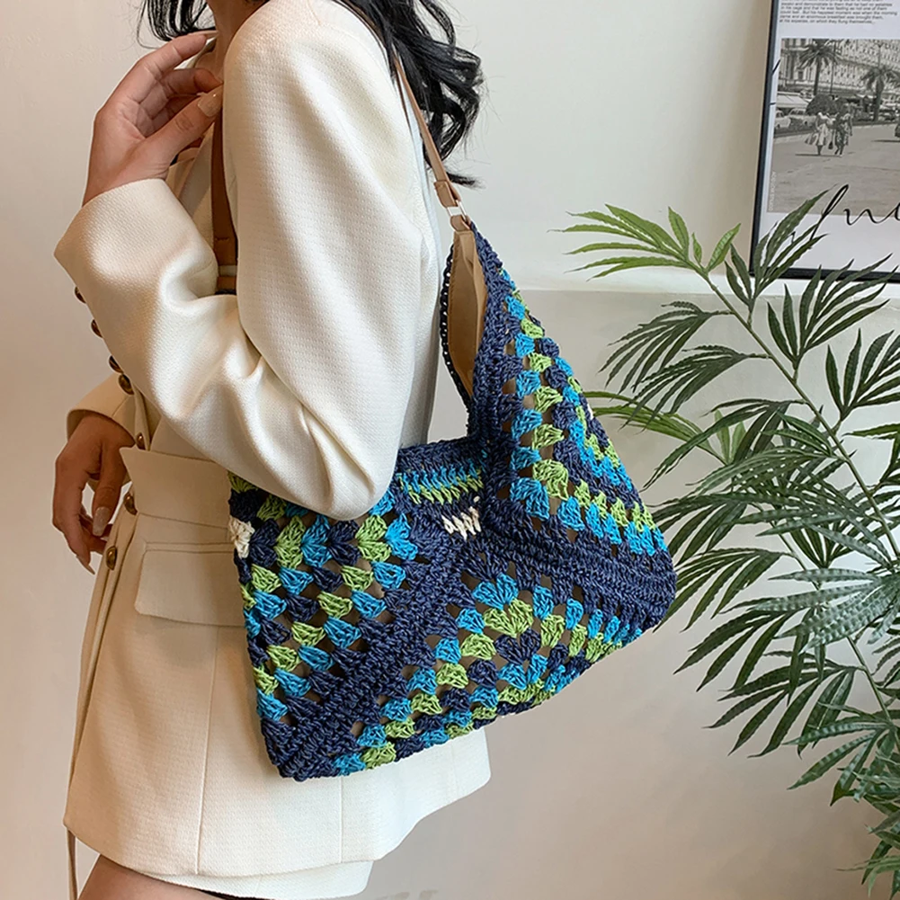 Summer-ready women's crochet tote bag, vibrant boho colors, lightweight & packable.