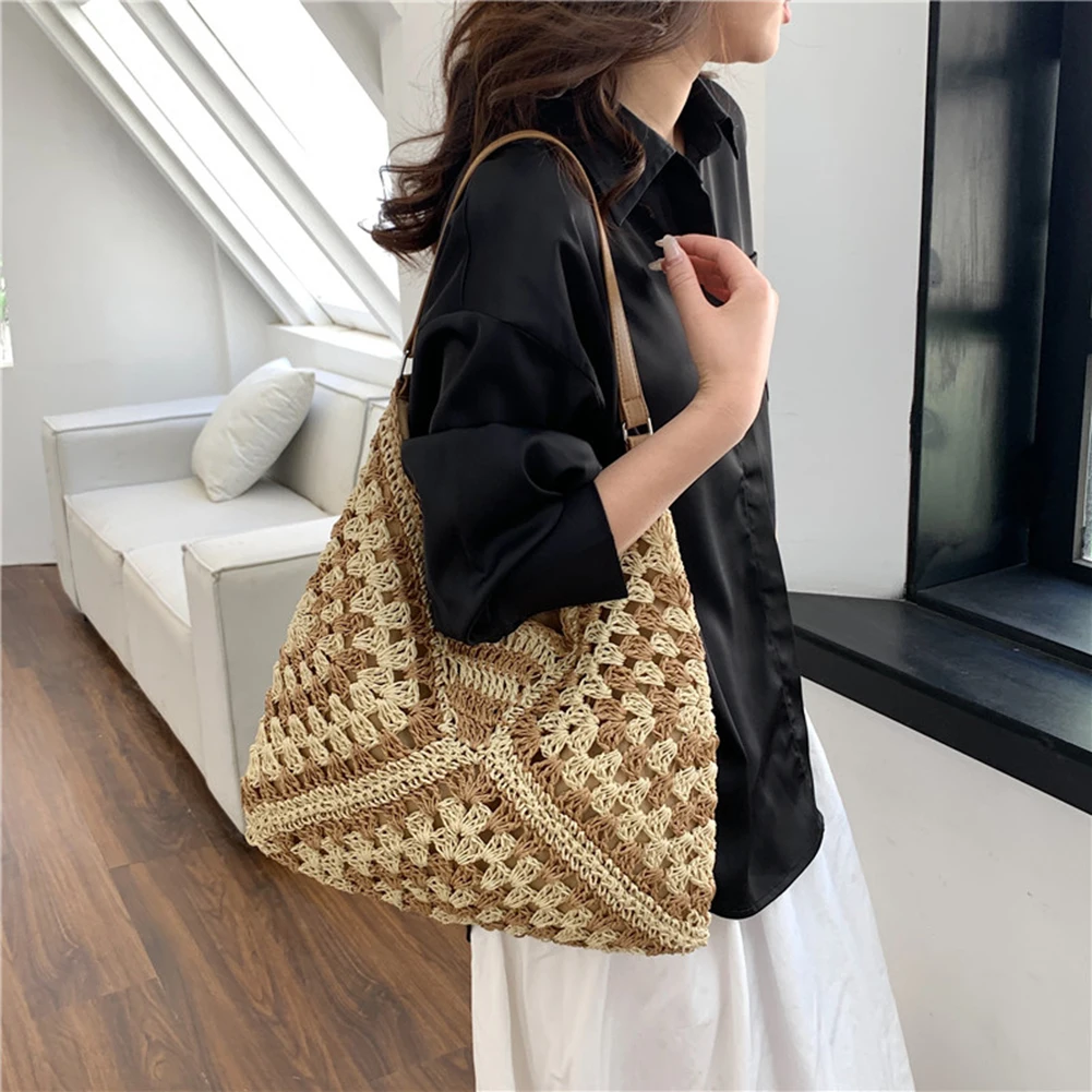 Casual women's shoulder bag, hand-crocheted with a vibrant boho pattern, lightweight.