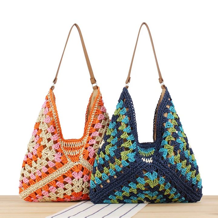 Women's vibrant hand-crocheted tote, boho fashion statement, lightweight & casual.