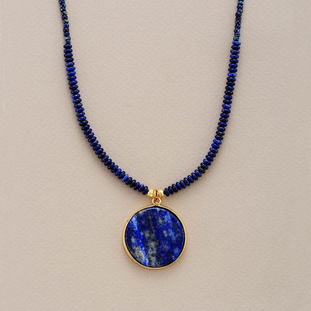 Women's handcrafted round lapis lazuli gemstone pendant necklace, ideal for spiritual jewelry.