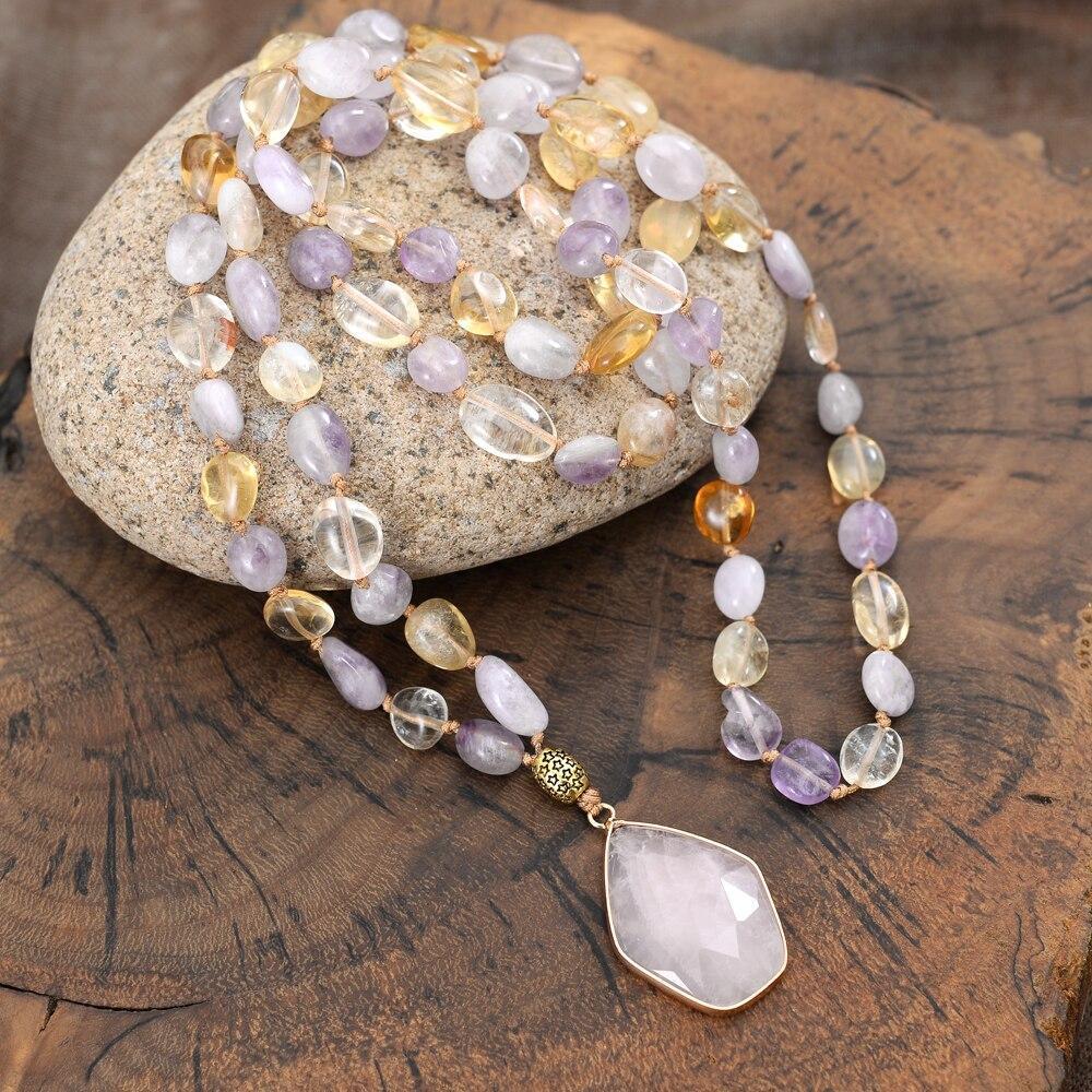 Women's handmade calming gemstone mala necklace with rose quartz, amethyst & topaz for meditation & spiritual healing.