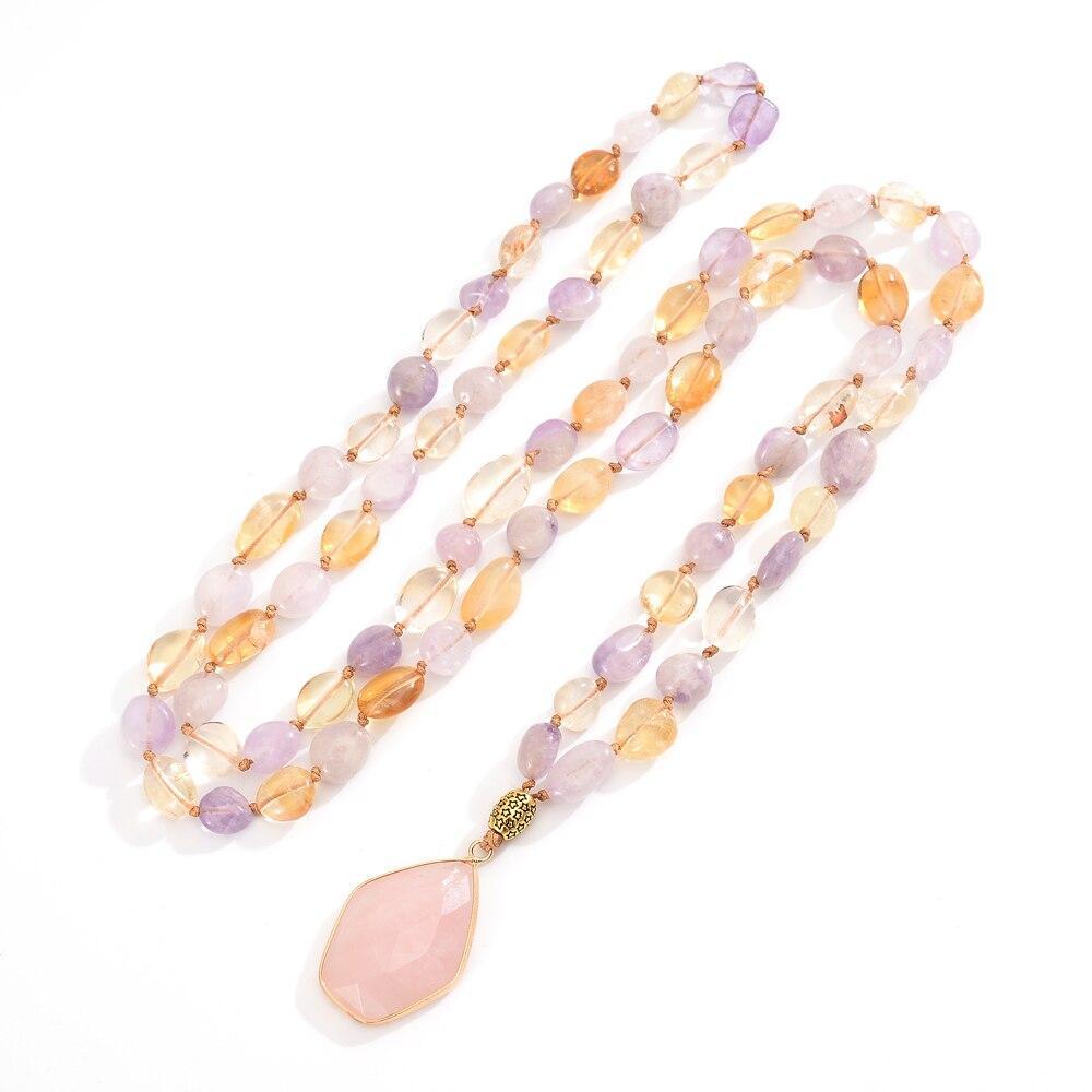 Calming Seraphina women's gemstone mala necklace featuring rose quartz & amethyst, ideal for spiritual healing & meditation.