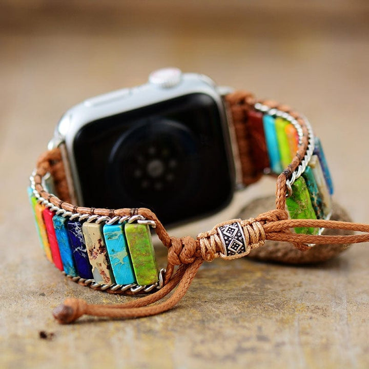 Unique spiritual Chakra Apple Watch strap for women. Handcrafted wrap band with energy beads & metallic details.