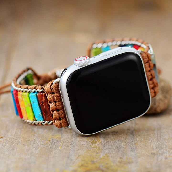 Bohemian Apple Watch wrap band for women. Handmade Chakra spiritual watch strap, unique jewelry design.