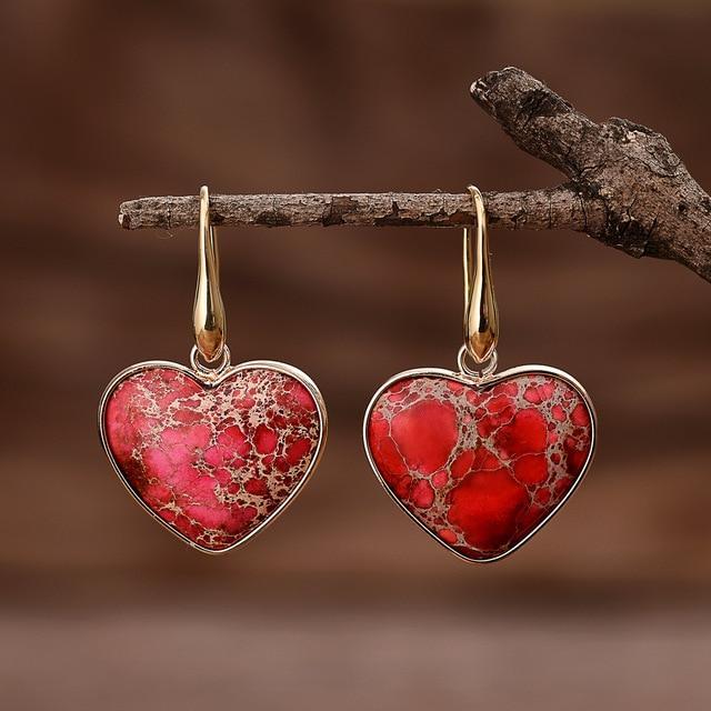 Women's handmade heart Ruby Essence Jasper dangle earrings. Unique natural red gemstone jewelry, perfect gift for her.